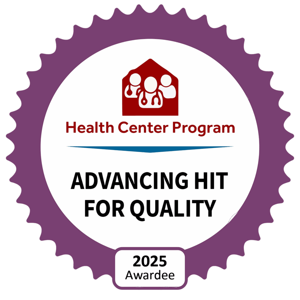 A purple-edged badge with Health Center Program and Advancing HIT for Quality in the center, a red icon of people and a stethoscope above, and 2025 Awardee at the bottom.