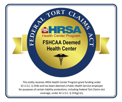 A circular blue and gold seal reads Federal Tort Claims Act around the edge. Inside, the HRSA Health Center Program logo and text state FSHCAA Deemed Health Center above a caduceus symbol. A legal disclaimer is below.