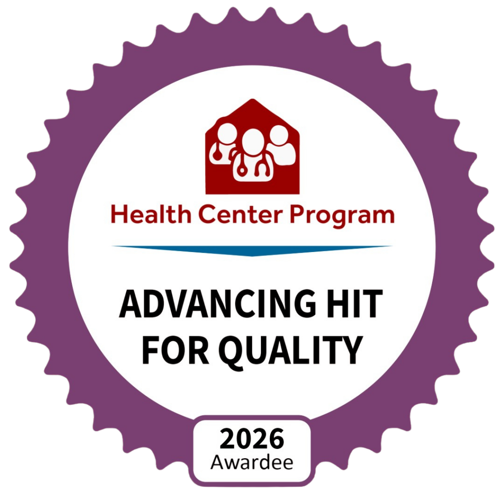A purple award badge that says Health Center Program, Advancing HIT for Quality, 2026 Awardee with an icon of three people in a red house at the top, representing excellence in primary care initiatives.